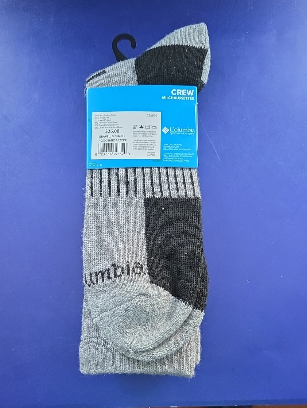 Columbia Gray & Black Wool Blend Work Crew Socks — 2 Pairs